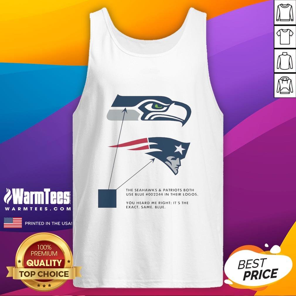 Nice The Seattle Seahawks And New England Patriots Both Use Blue 002244 In Their Logos T-Shirt - Image 4