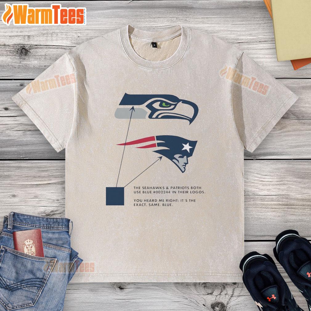 Nice The Seattle Seahawks And New England Patriots Both Use Blue 002244 In Their Logos T-Shirt - Image 6