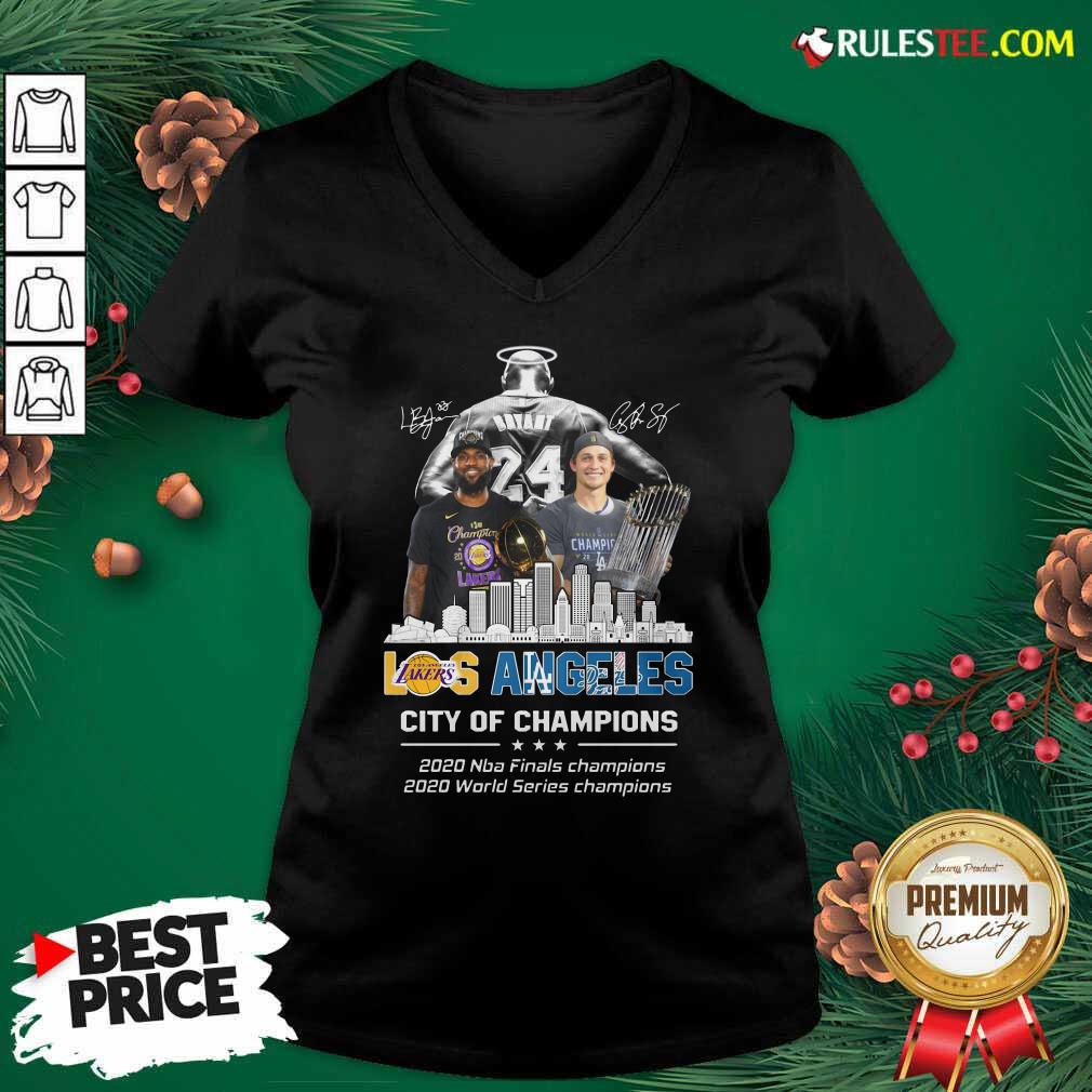 Original Kobe Bryant LeBron James And Corey Seager Los Angeles Lakers Dodgers City Of Champions 2020 Signatures Shirt - Image 3