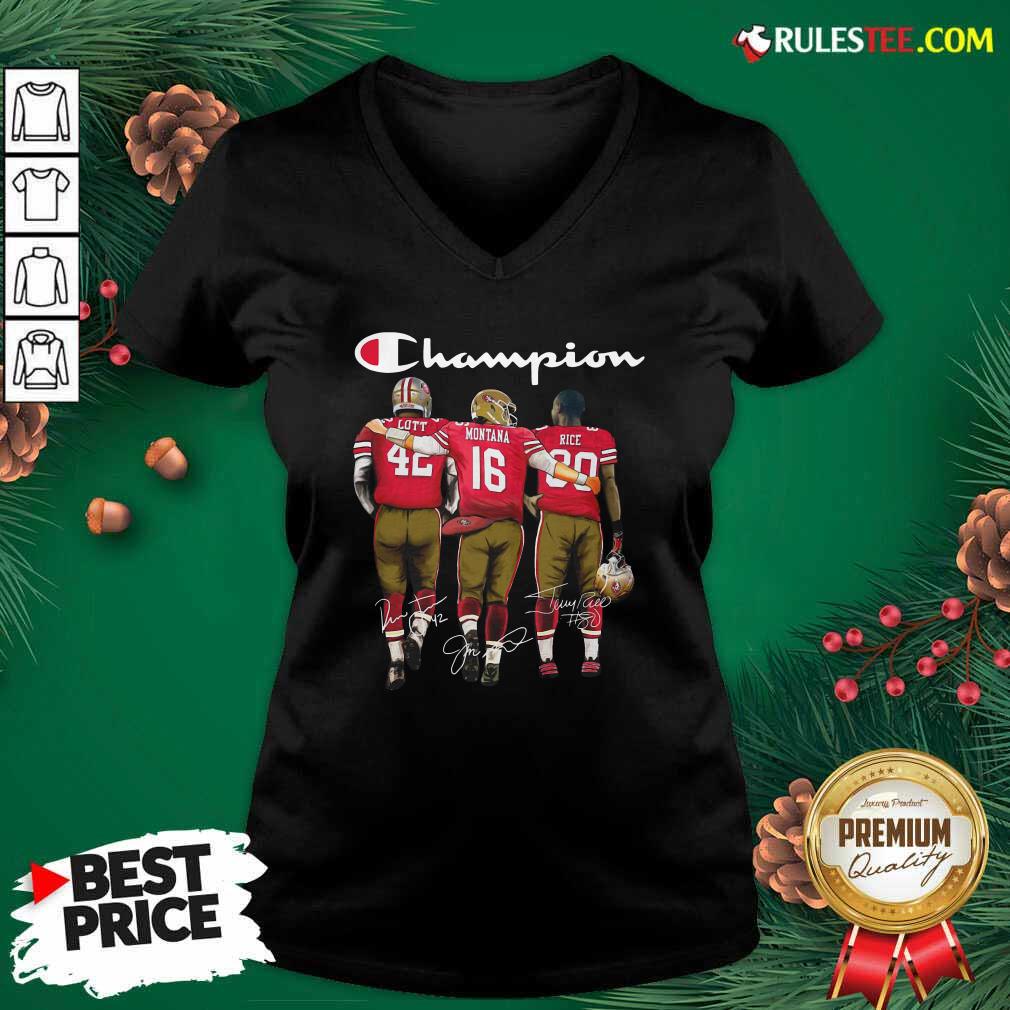 Original Champion San Francisco 49ers Ronnie Lott 42 Joe Montana 16 Jerry Rice 80 Signatures Shirt - Image 3
