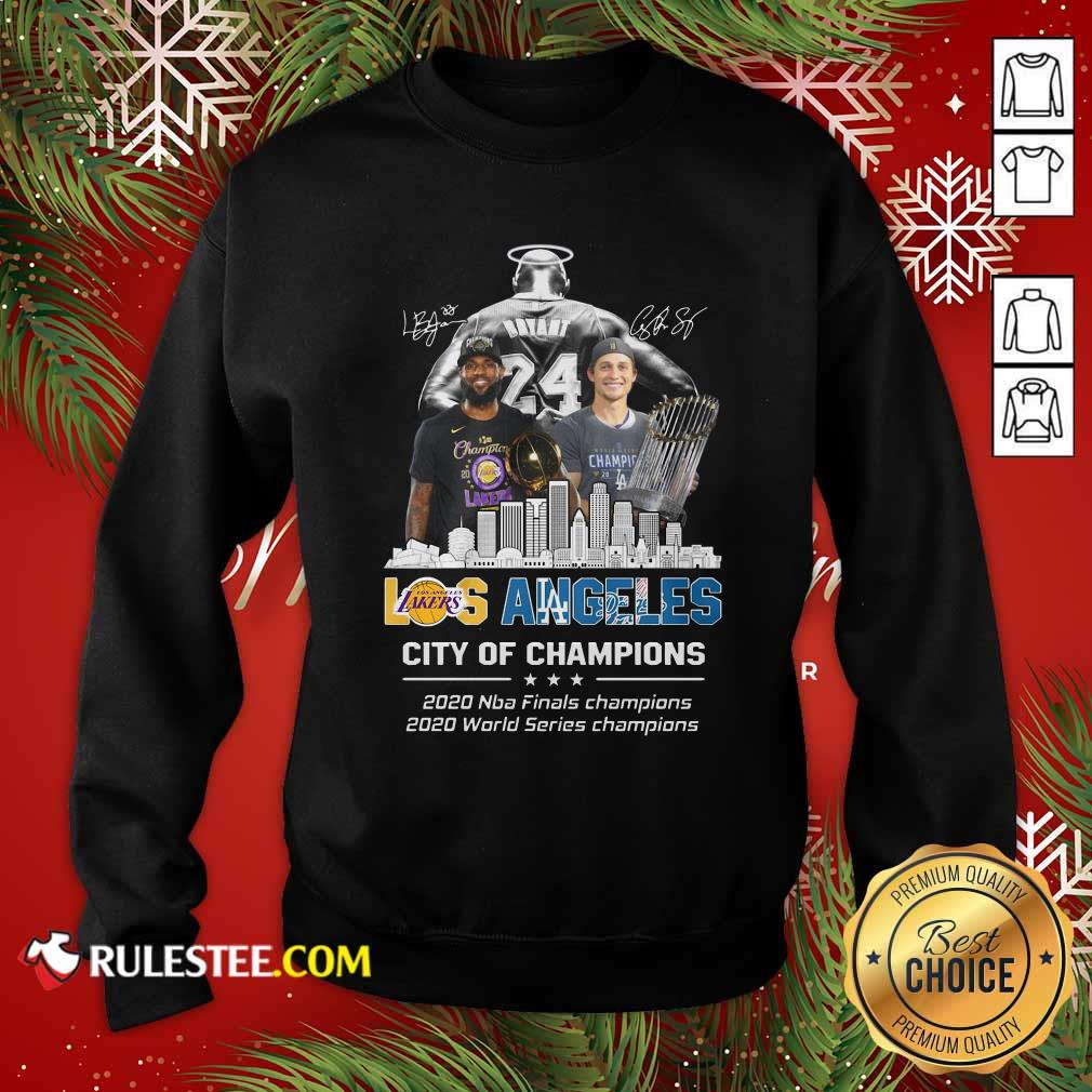 Original Kobe Bryant LeBron James And Corey Seager Los Angeles Lakers Dodgers City Of Champions 2020 Signatures Shirt - Image 5