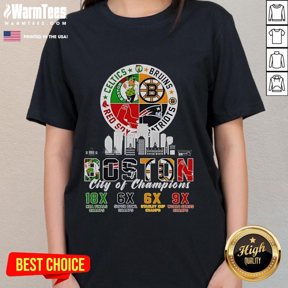 Official Boston Celtics Bruins Red Sox And Patriots City Of Champions T-Shirt - Image 3