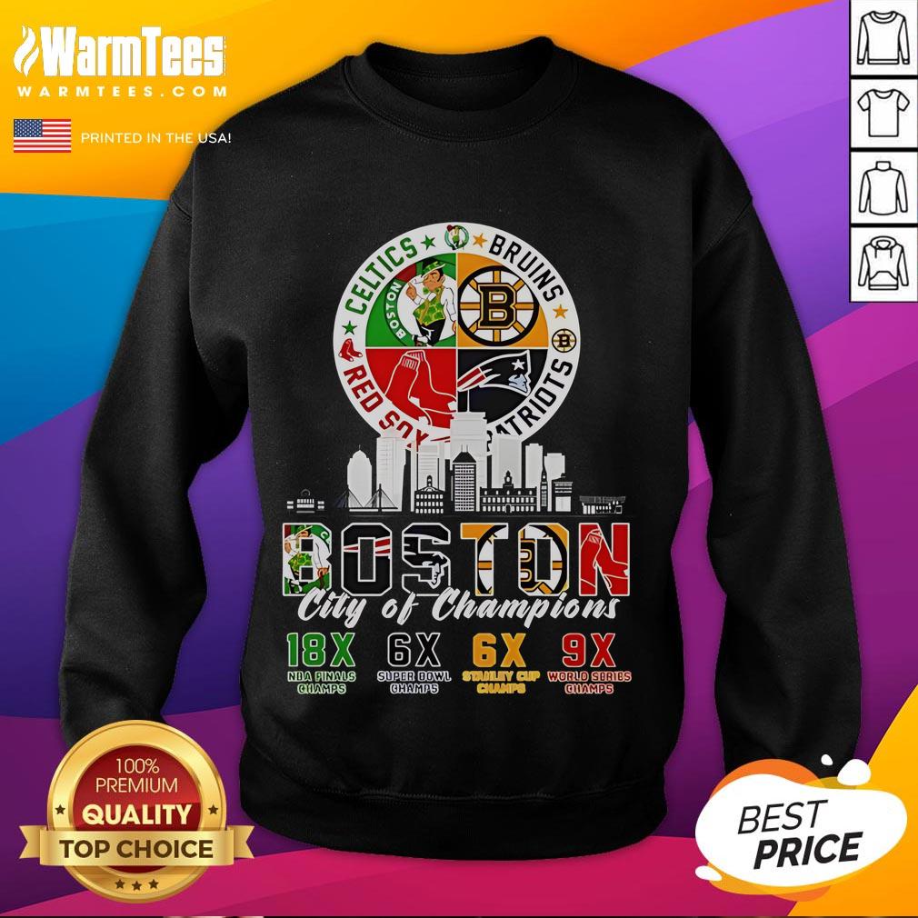 Official Boston Celtics Bruins Red Sox And Patriots City Of Champions T-Shirt - Image 5