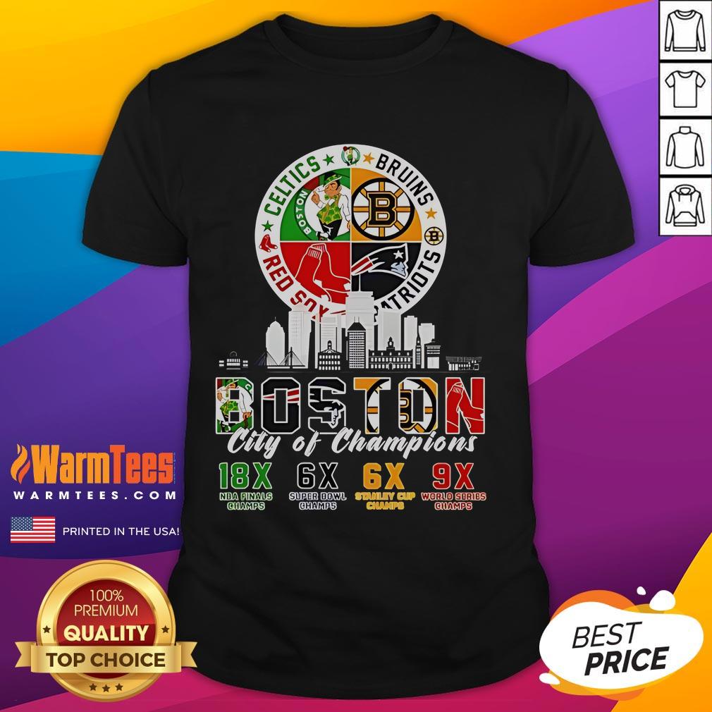 Official Boston Celtics Bruins Red Sox And Patriots City Of Champions T-Shirt