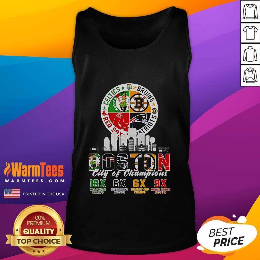 Official Boston Celtics Bruins Red Sox And Patriots City Of Champions T-Shirt - Image 4