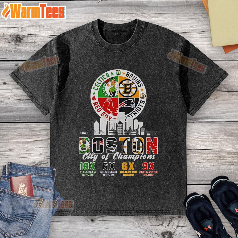 Official Boston Celtics Bruins Red Sox And Patriots City Of Champions T-Shirt - Image 6