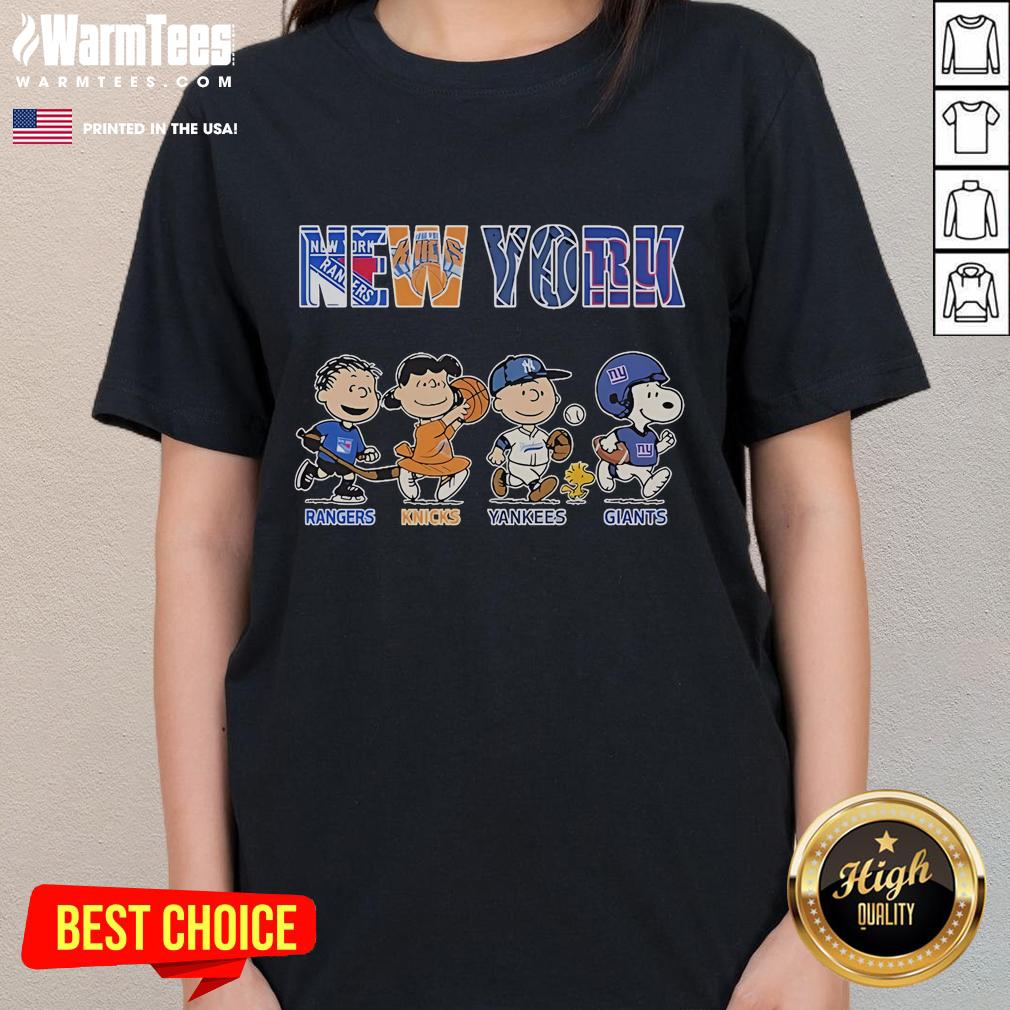 Official Peanuts New York Rangers Knicks Yankees Giants T-Shirt - Image 3