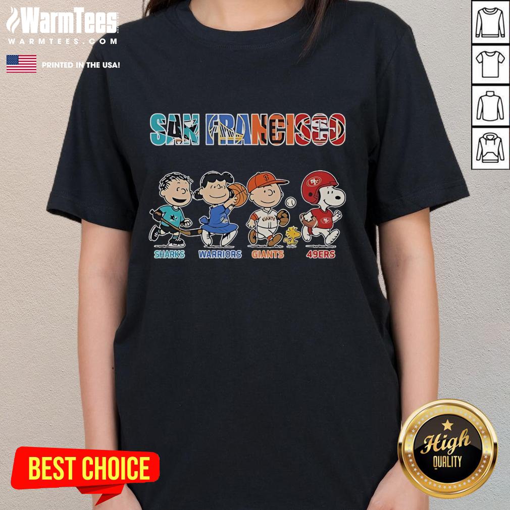 Official Peanuts San Francisco Sharks Warriors Giants 49ers T-Shirt - Image 3