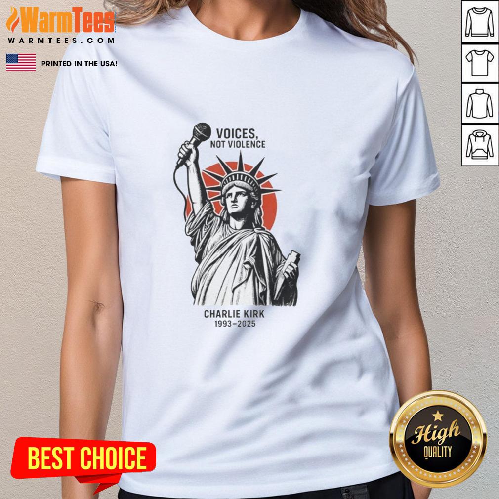 Official Voices Not Violence Charlie Kirk 1993-2025 Statue Of Liberty T-Shirt - Image 3