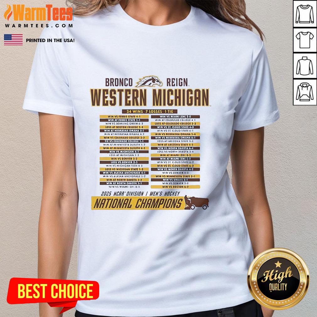 Official Western Michigan Broncos 2025 NCAA Frozen Four Men's Ice Hockey National Champions Schedule T-Shirt - Image 3