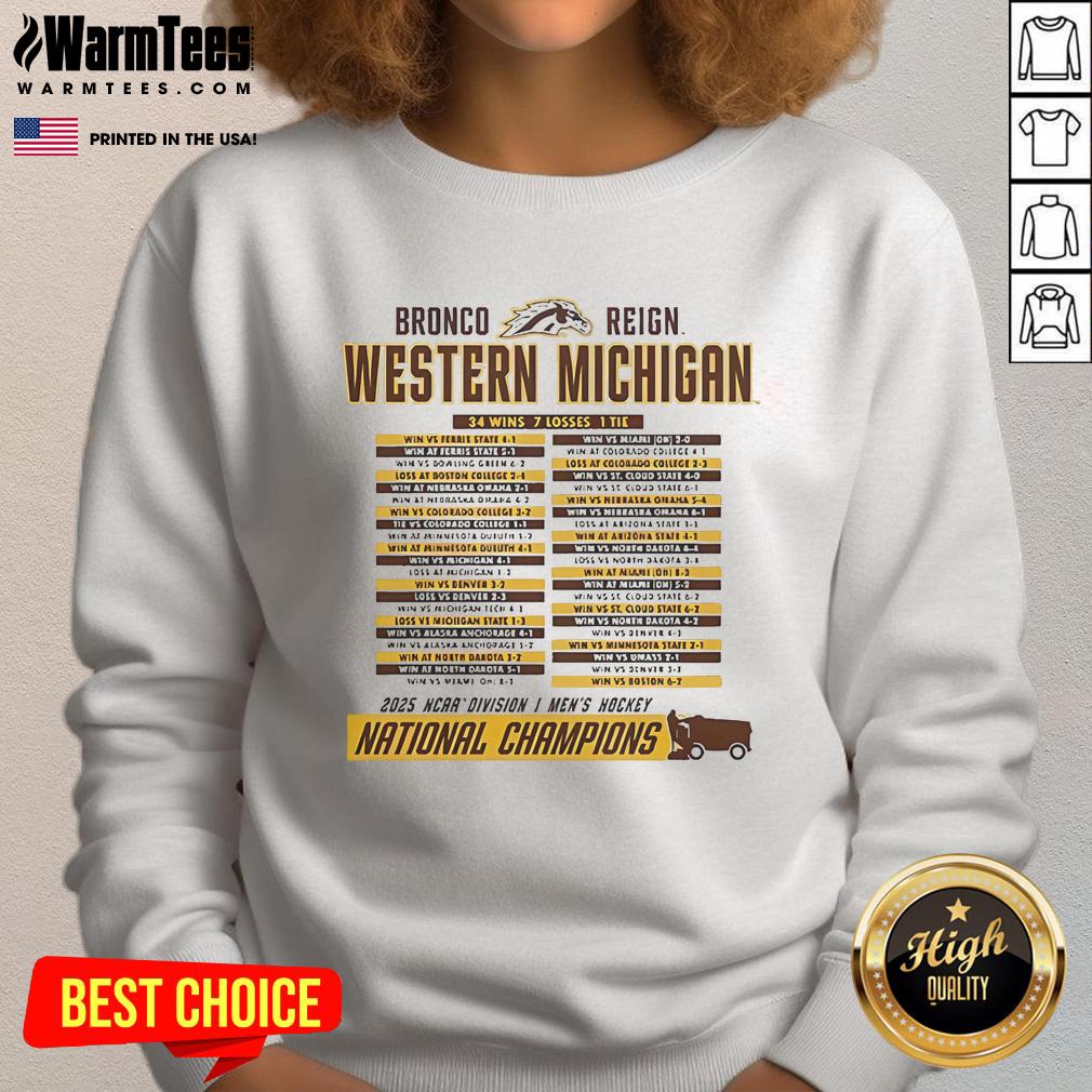 Official Western Michigan Broncos 2025 NCAA Frozen Four Men's Ice Hockey National Champions Schedule T-Shirt - Image 5