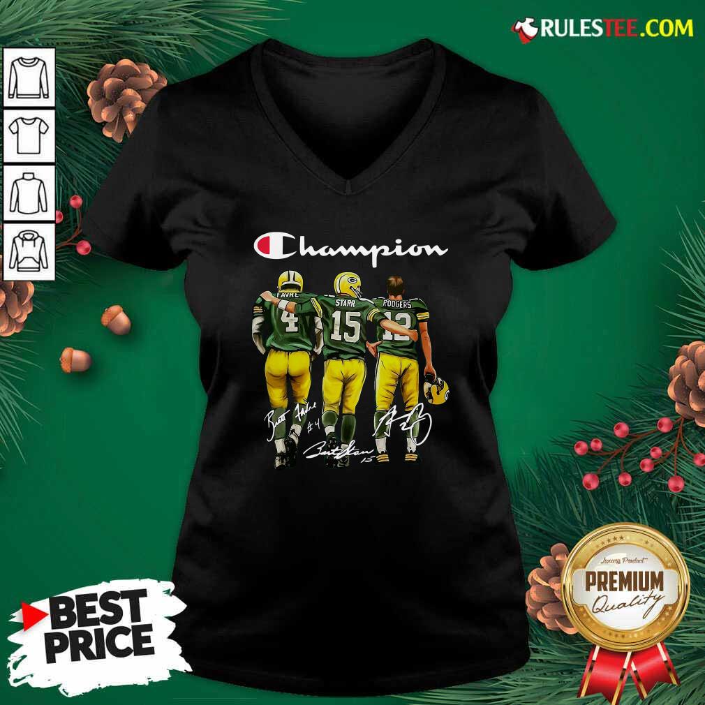 Pretty Champion Green Bay Packer Brett Favre 4 Bart Starr 15 Aaron Rodgers 12 Signatures Shirt - Image 3