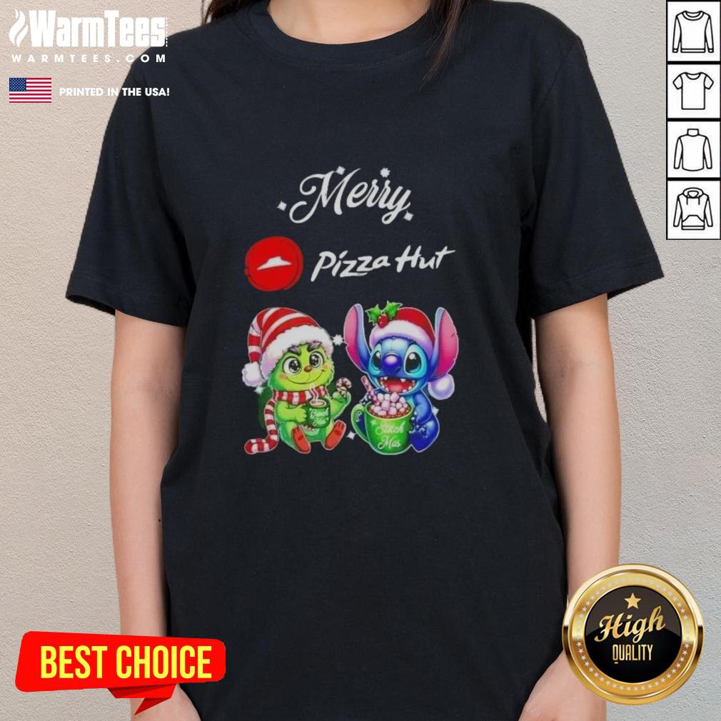 Premium Baby Grinch And Stitch X Pizza Hut Merry Christmas T-Shirt - Image 3