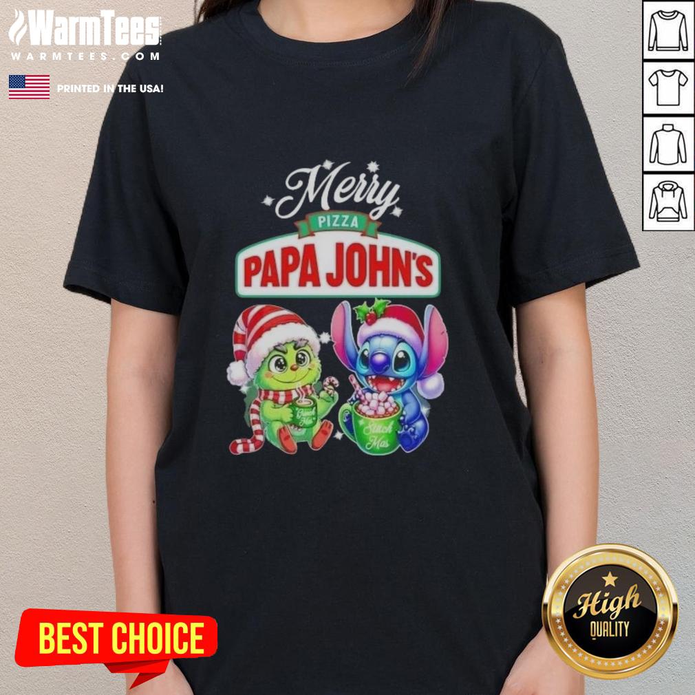 Premium Baby Grinch And Stitch X Pizza Papa John's Merry Christmas T-Shirt - Image 3