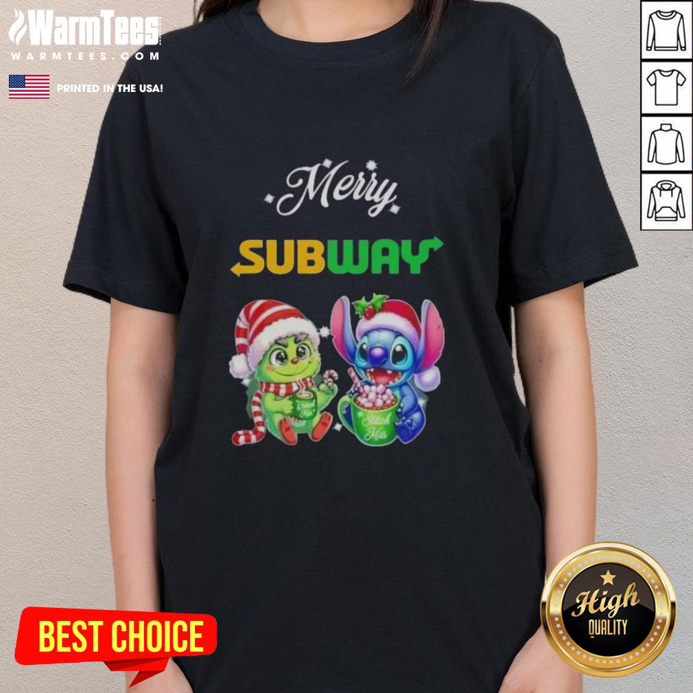 Premium Baby Grinch And Stitch X Subway Merry Christmas T-Shirt - Image 3