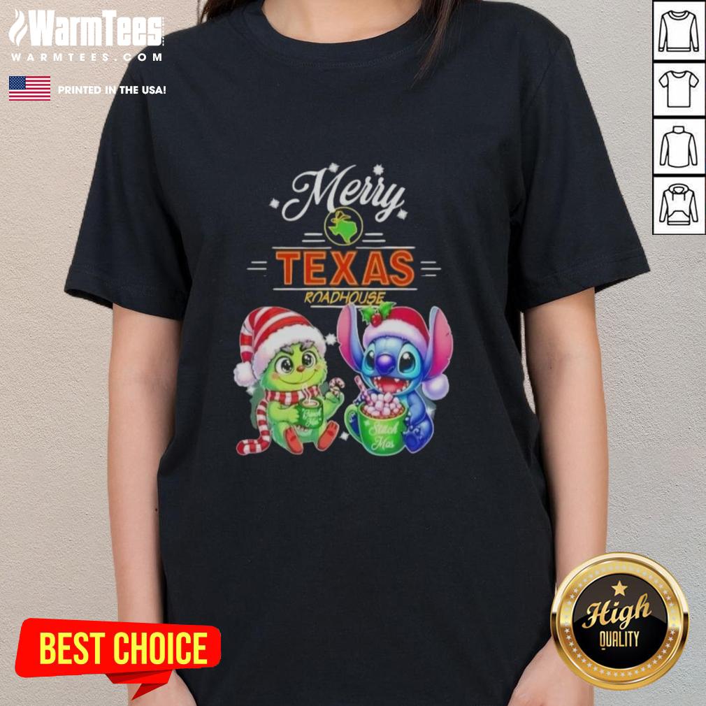 Premium Baby Grinch And Stitch X Texas Roadhouse Merry Christmas T-Shirt - Image 3