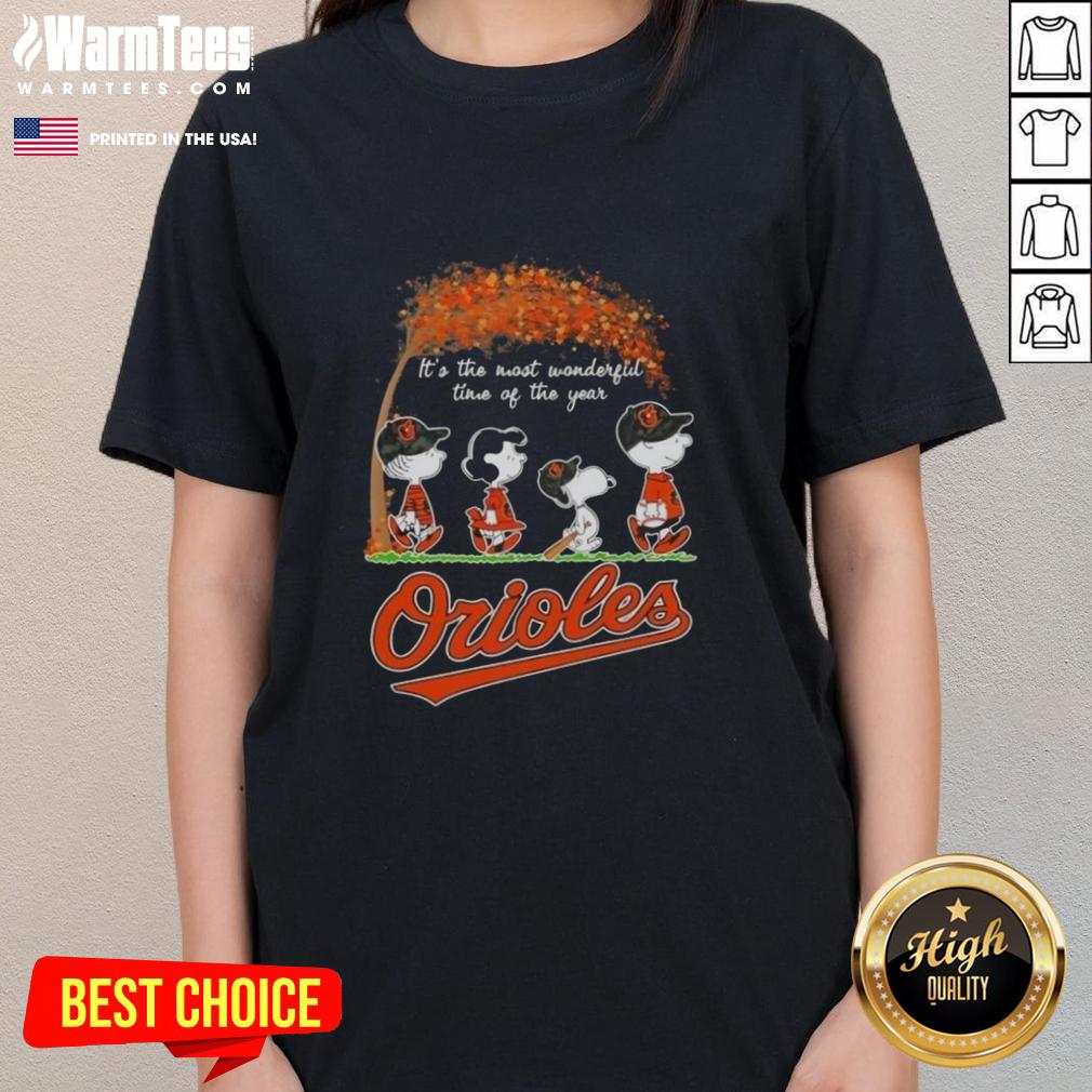 Premium Baltimore Orioles X Peanuts Snoopy And Friends Autumn It's The Most Wonderful Time Of The Year T-Shirt - Image 3