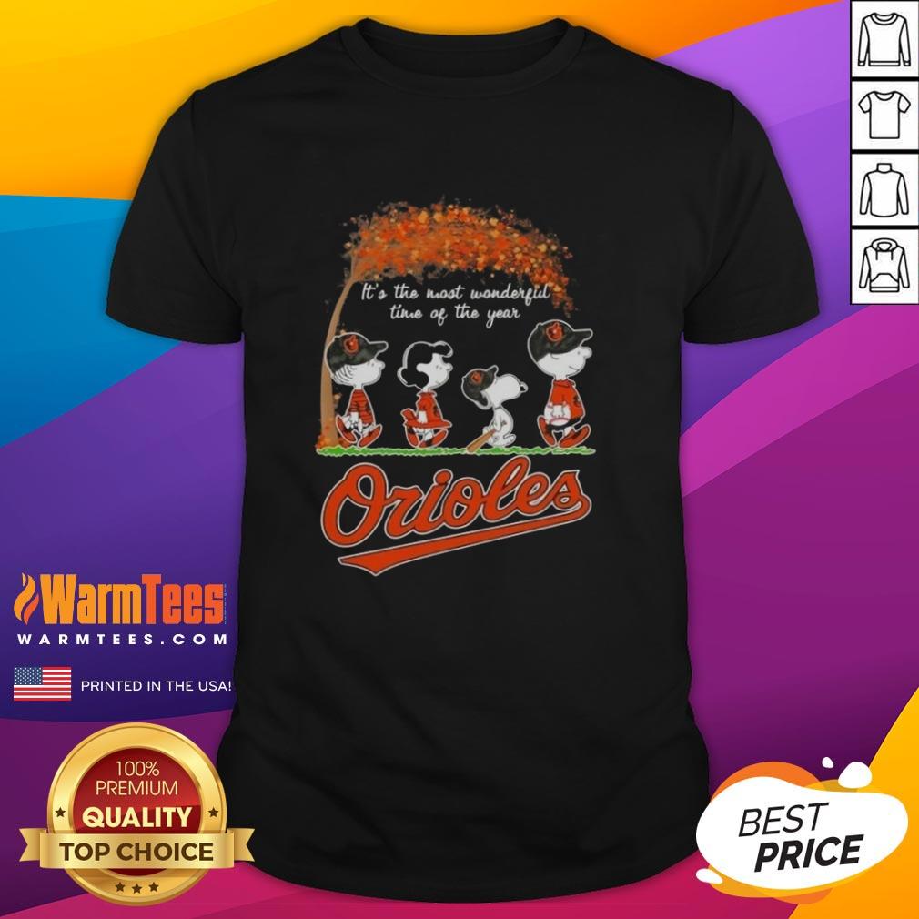 Premium Baltimore Orioles X Peanuts Snoopy And Friends Autumn It's The Most Wonderful Time Of The Year T-Shirt