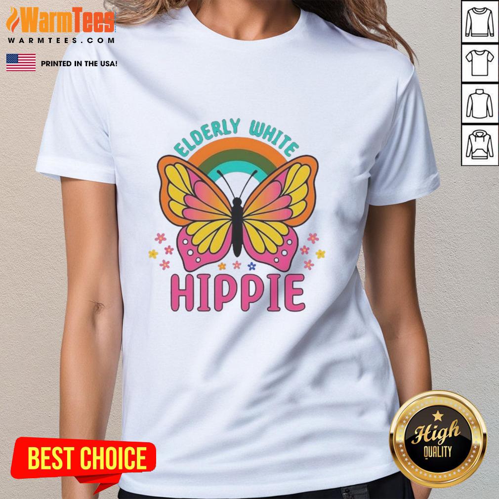 Premium Elderly White Hippie Retro Butterfly Rainbow Flower T-Shirt - Image 3