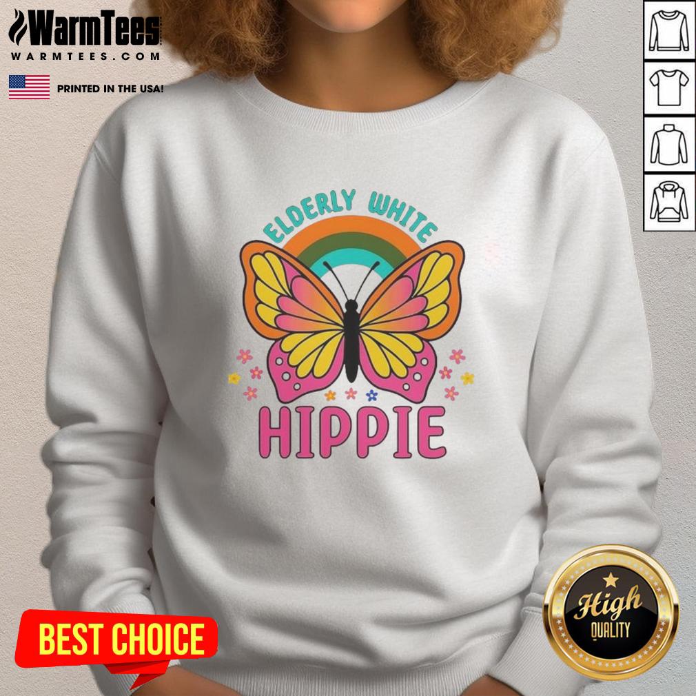 Premium Elderly White Hippie Retro Butterfly Rainbow Flower T-Shirt - Image 5