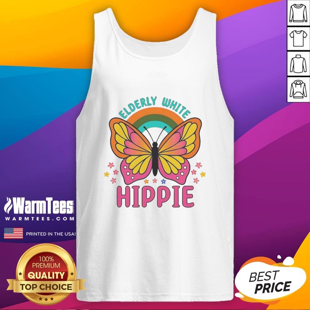 Premium Elderly White Hippie Retro Butterfly Rainbow Flower T-Shirt - Image 4