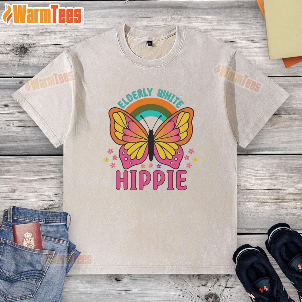 Premium Elderly White Hippie Retro Butterfly Rainbow Flower T-Shirt - Image 6