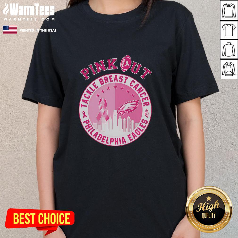 Premium Pink Out Tackle Breast Cancer Philadelphia Eagles Skyline T-Shirt - Image 3