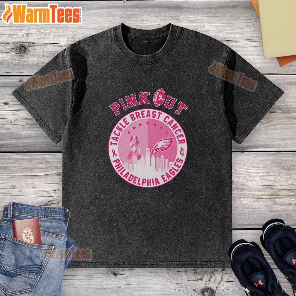 Premium Pink Out Tackle Breast Cancer Philadelphia Eagles Skyline T-Shirt - Image 6