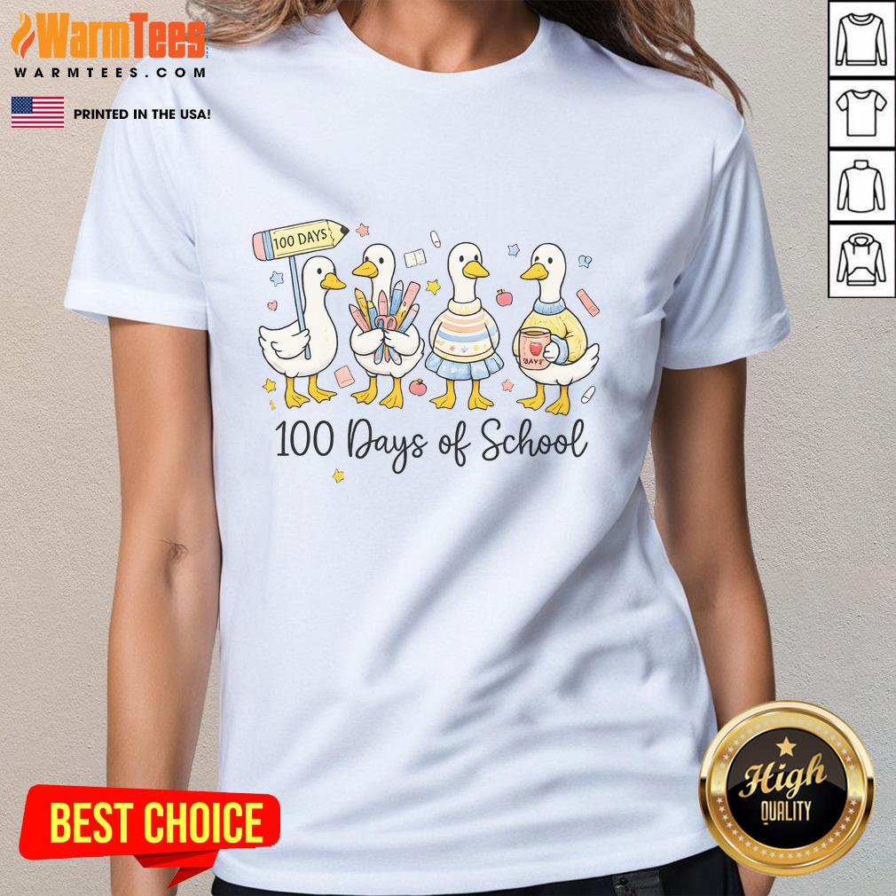 Pretty 100 Days Of School Ducks Cute Goose Teacher 100th Day T-Shirt - Image 3