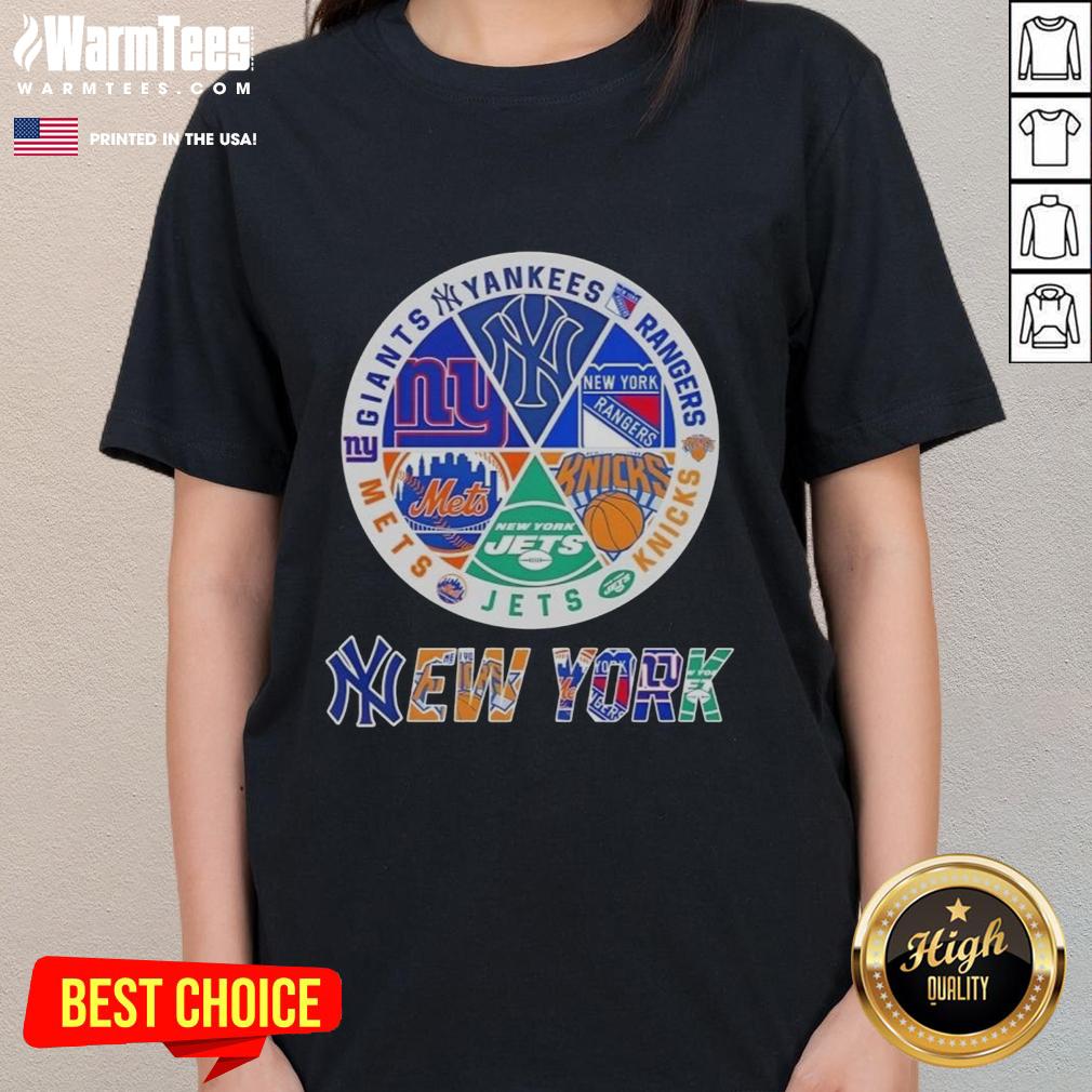 Pretty New York City Sports Yankees Rangers Knicks Jets Mets Giants Logos Combine T-Shirt - Image 3