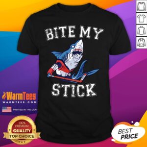 Top Cartoon Shark Bite My Stick Ice Hockey T-Shirt