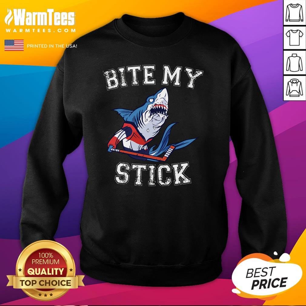 Top Cartoon Shark Bite My Stick Ice Hockey T-Shirt - Image 4