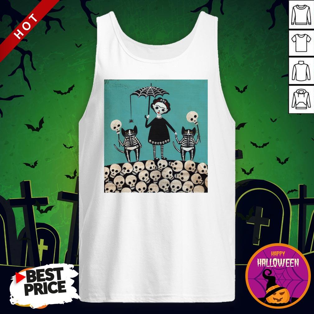 A Girl And Her Cats Have Dressed The Dia De Los Muertos Celebration Shirt - Image 3