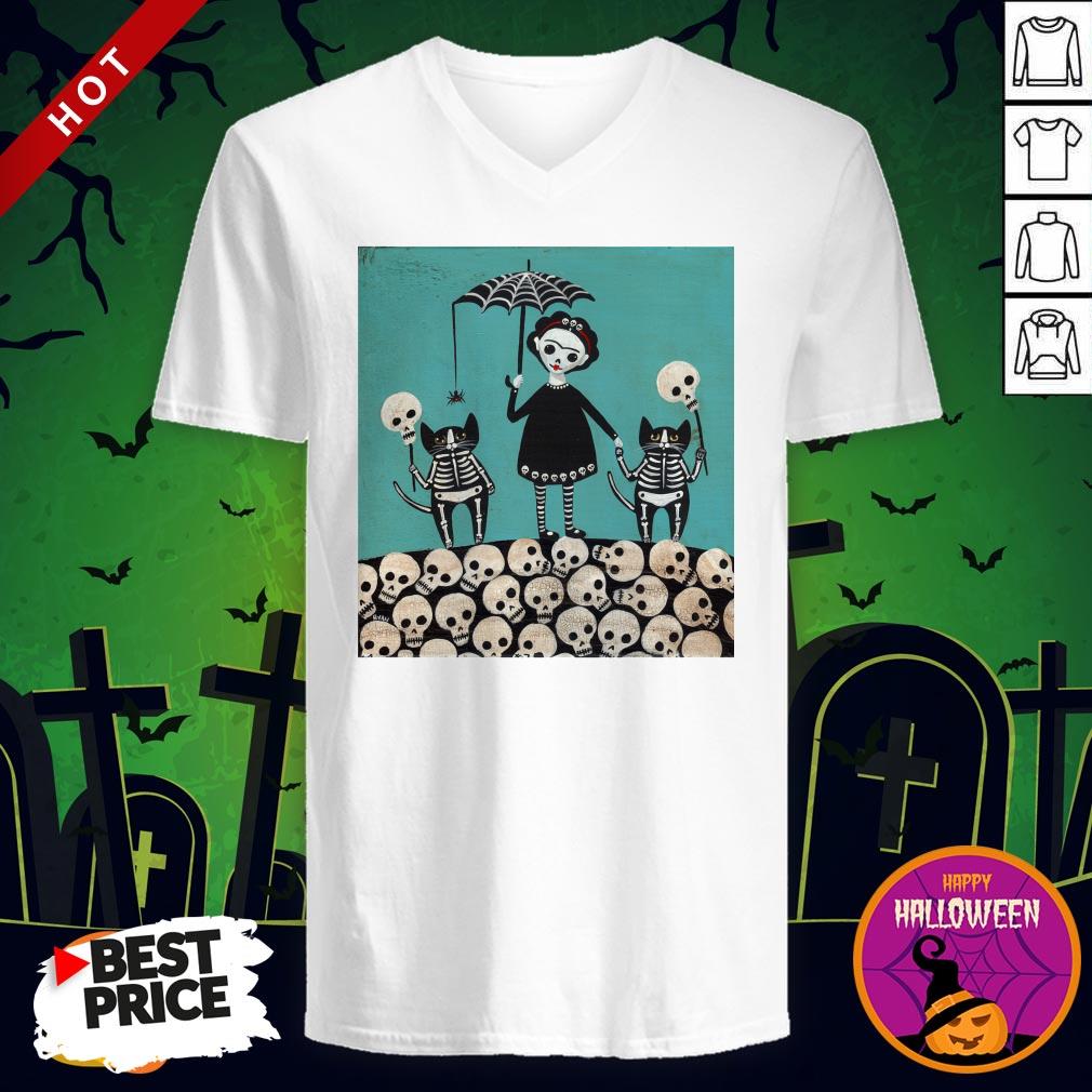 A Girl And Her Cats Have Dressed The Dia De Los Muertos Celebration Shirt - Image 2