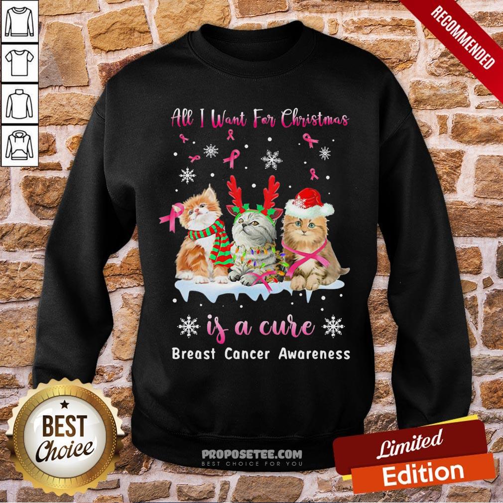 Awesome Cat All I Want For Christmas Is A Cure Breast Cancer Awareness Shirt - Image 4