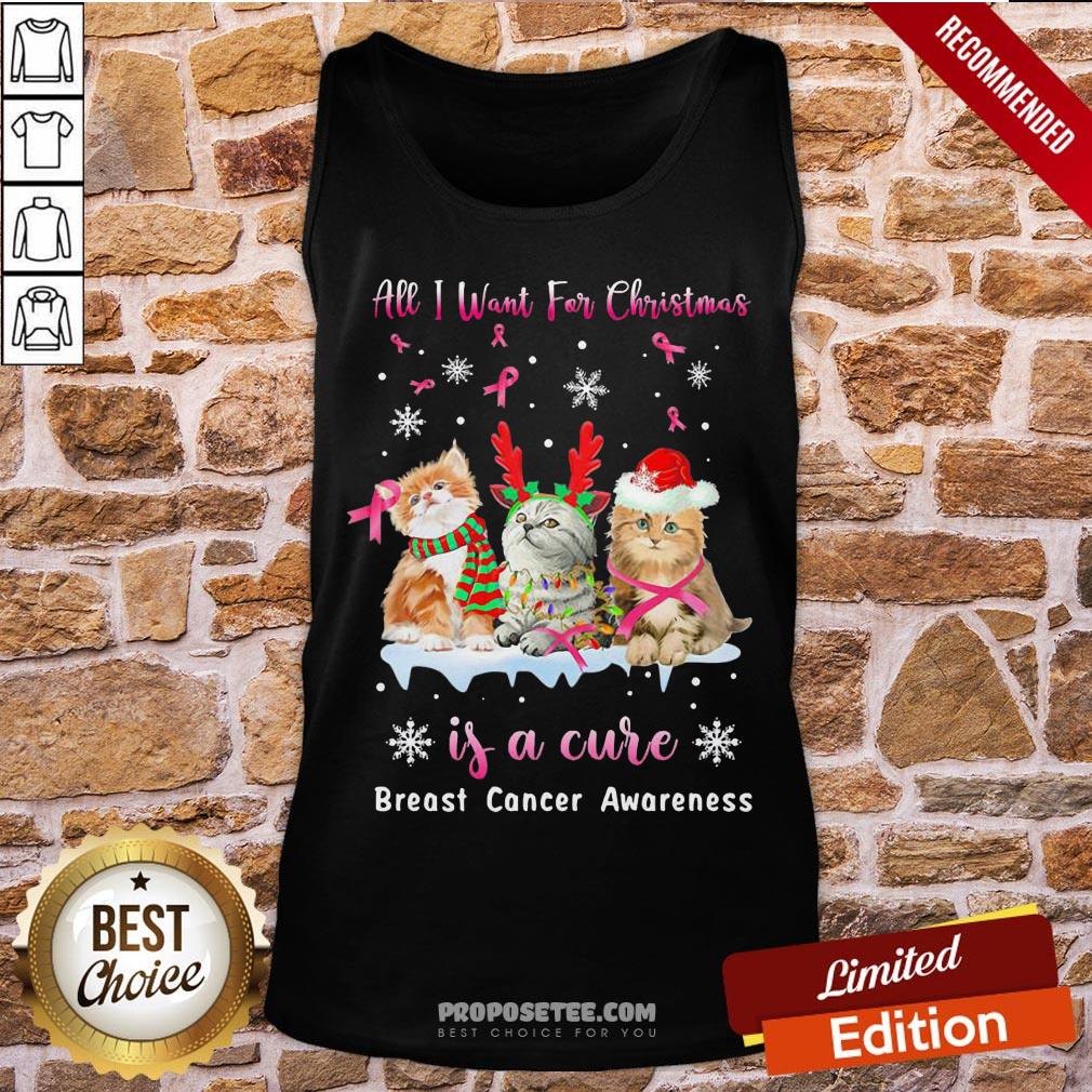 Awesome Cat All I Want For Christmas Is A Cure Breast Cancer Awareness Shirt - Image 3