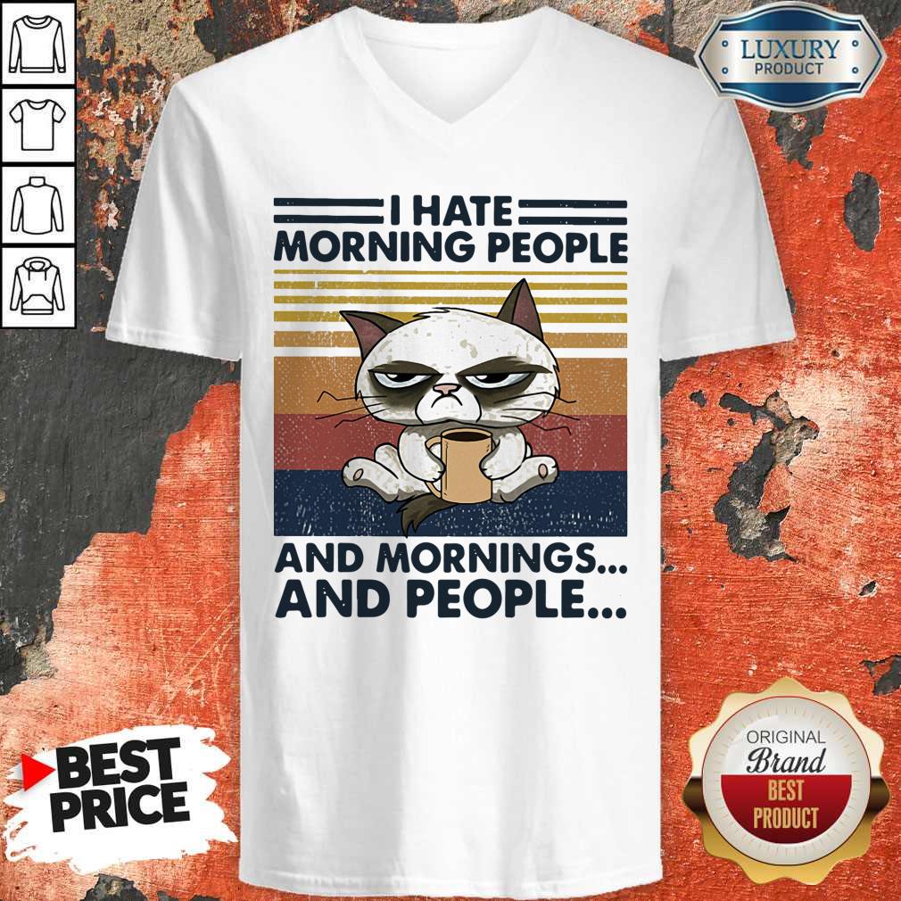 Awesome Cat I Hate Morning People And Mornings And People Vintage Retro Shirt - Image 3