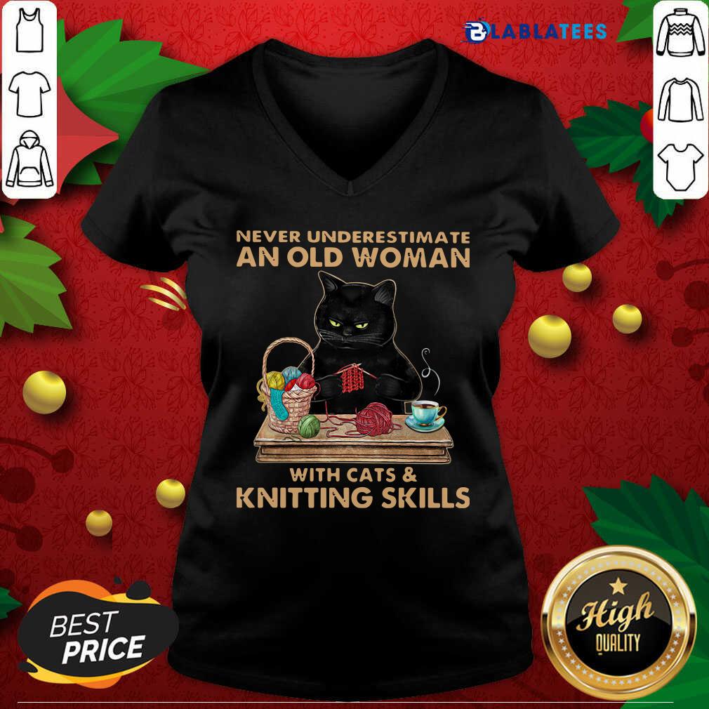 Awesome Never Underestimate An Old Woman With Cat And Knitting Skills Shirt - Image 3