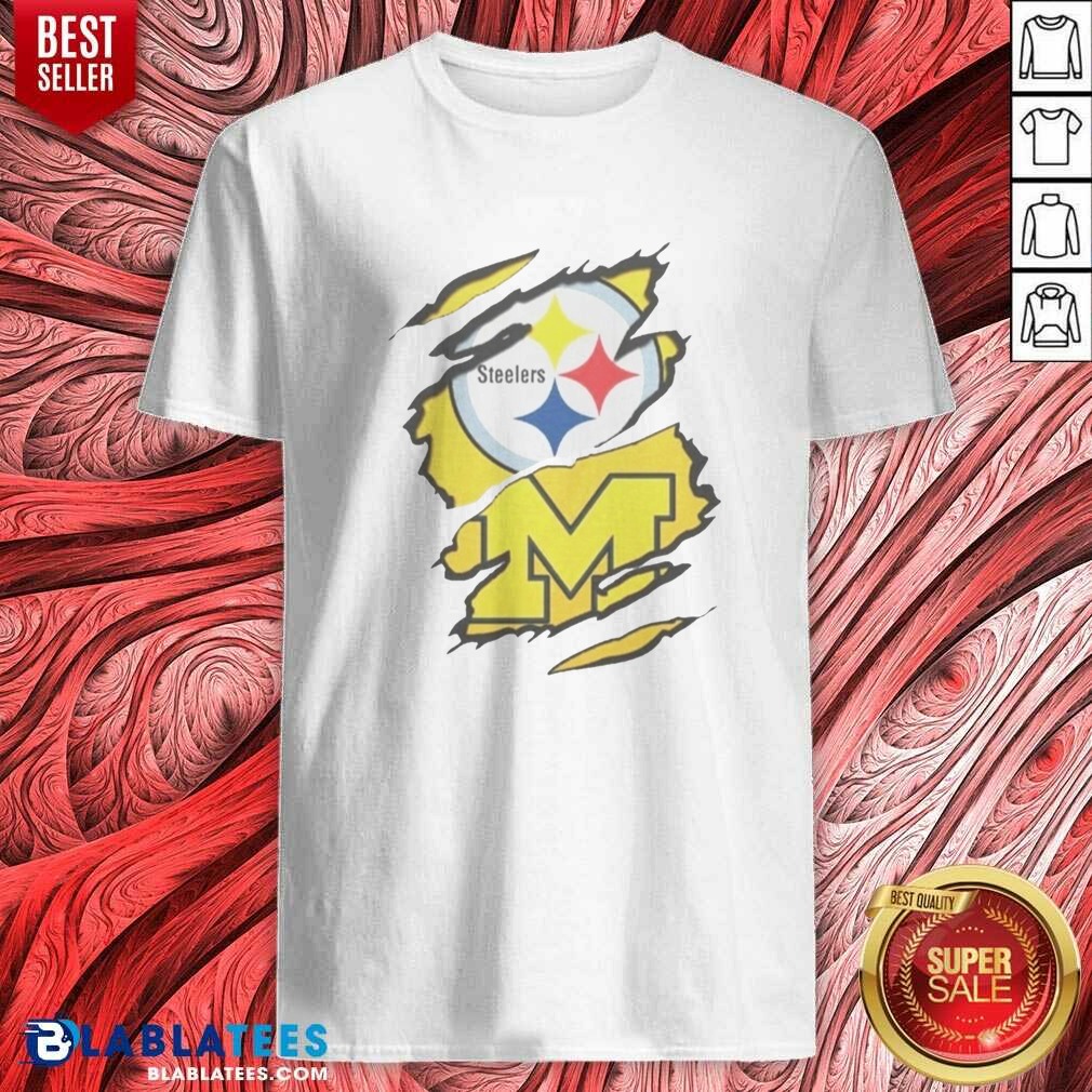 Awesome Pittsburgh Steelers Michigan Wolverines Torn Metal Logo Graphic Shirt