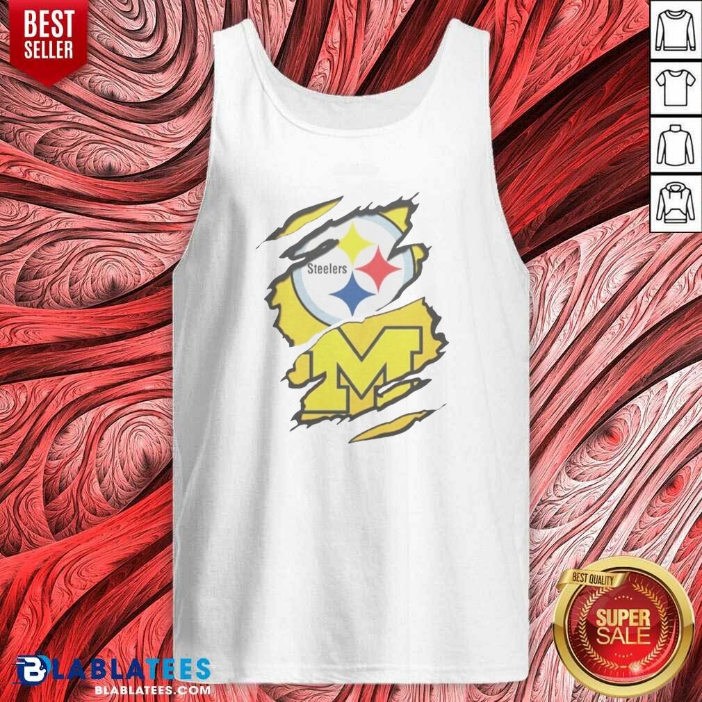 Awesome Pittsburgh Steelers Michigan Wolverines Torn Metal Logo Graphic Shirt - Image 4