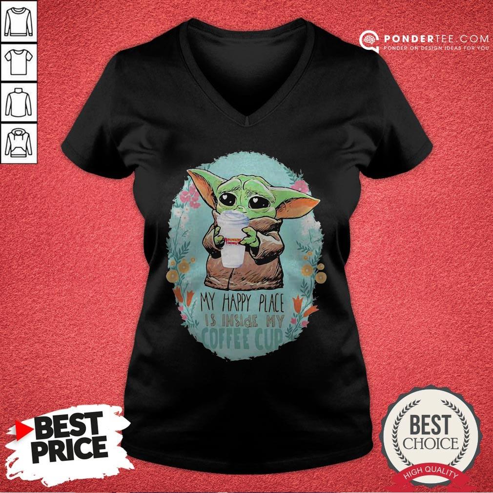 Baby Yoda Hug Dunkin Donuts My Happy Place Is Inside My Coffee Cup Shirt - Image 3