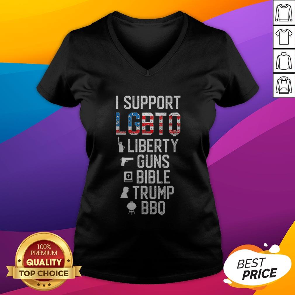 Best Price I Support LGBTQ Liberty Guns Bible Trump BBQ American Flag Shirt - Image 4