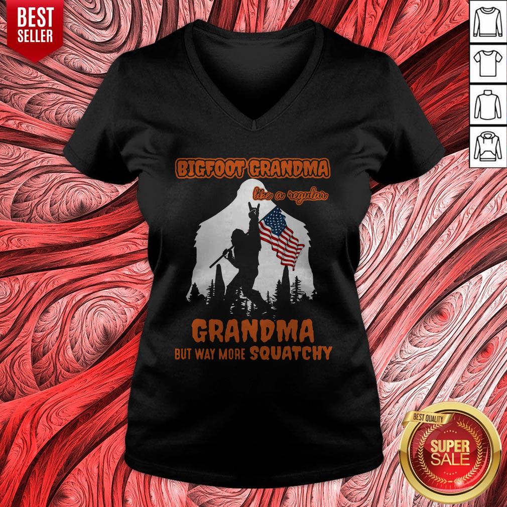 Bigfoot Rock And Roll Grandma Like A Regular Grandma But Way More Squatchy American Flag Shirt - Image 4