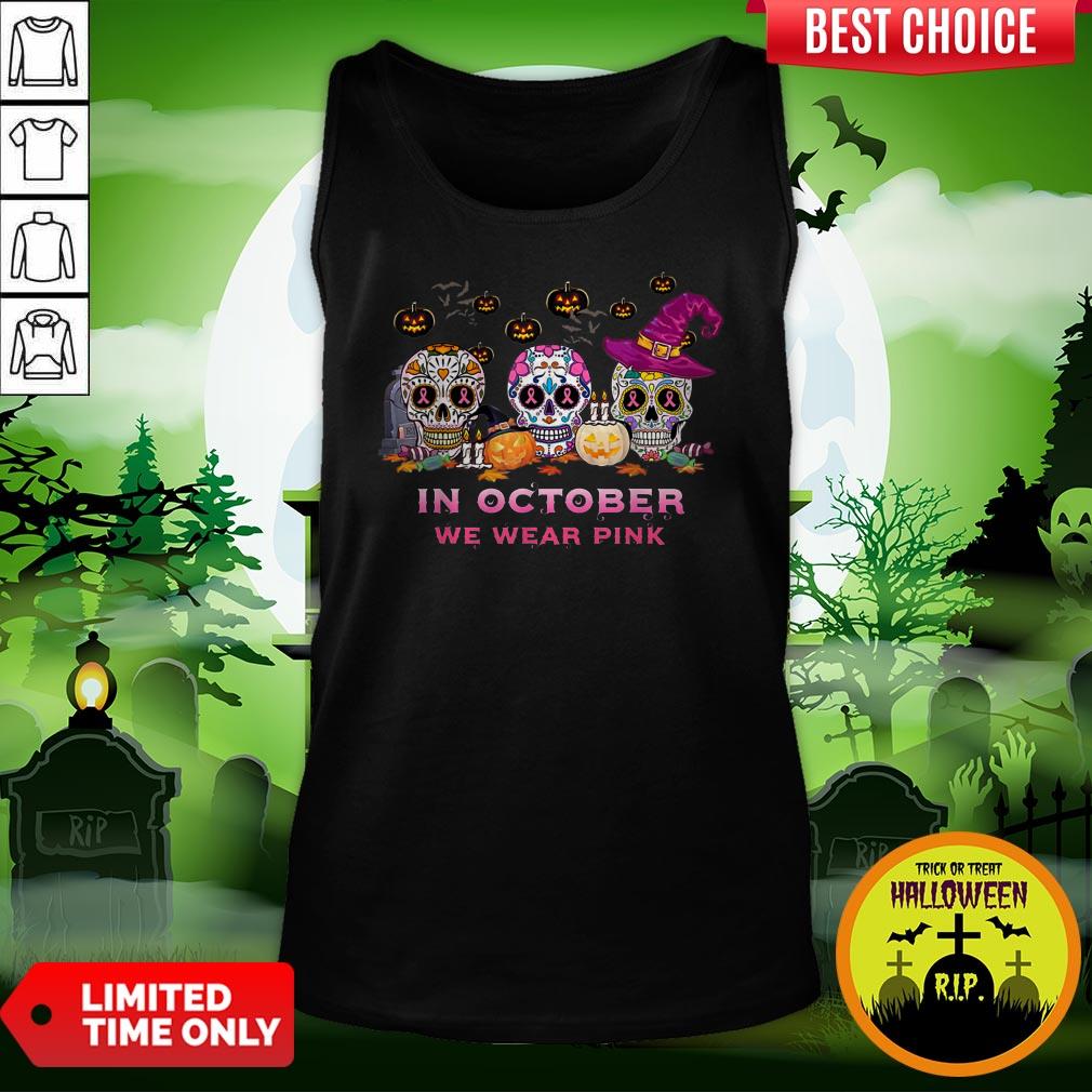 Breast Cancer Awareness Pink Sugar Skull Day Dead Halloween Shirt - Image 3