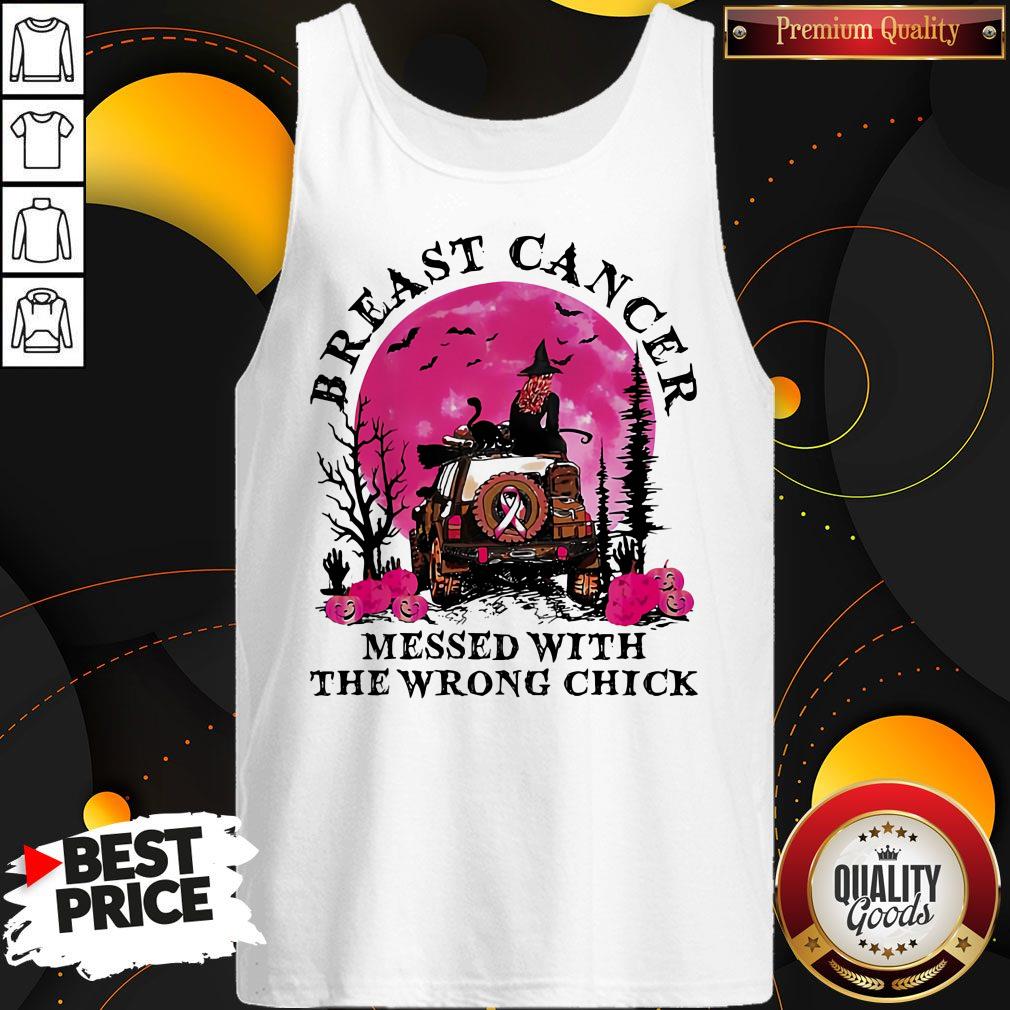 Breast Cancer Messed With The Wrong Chick Camping Witch Pumpkin Sunset Halloween Shirt - Image 2
