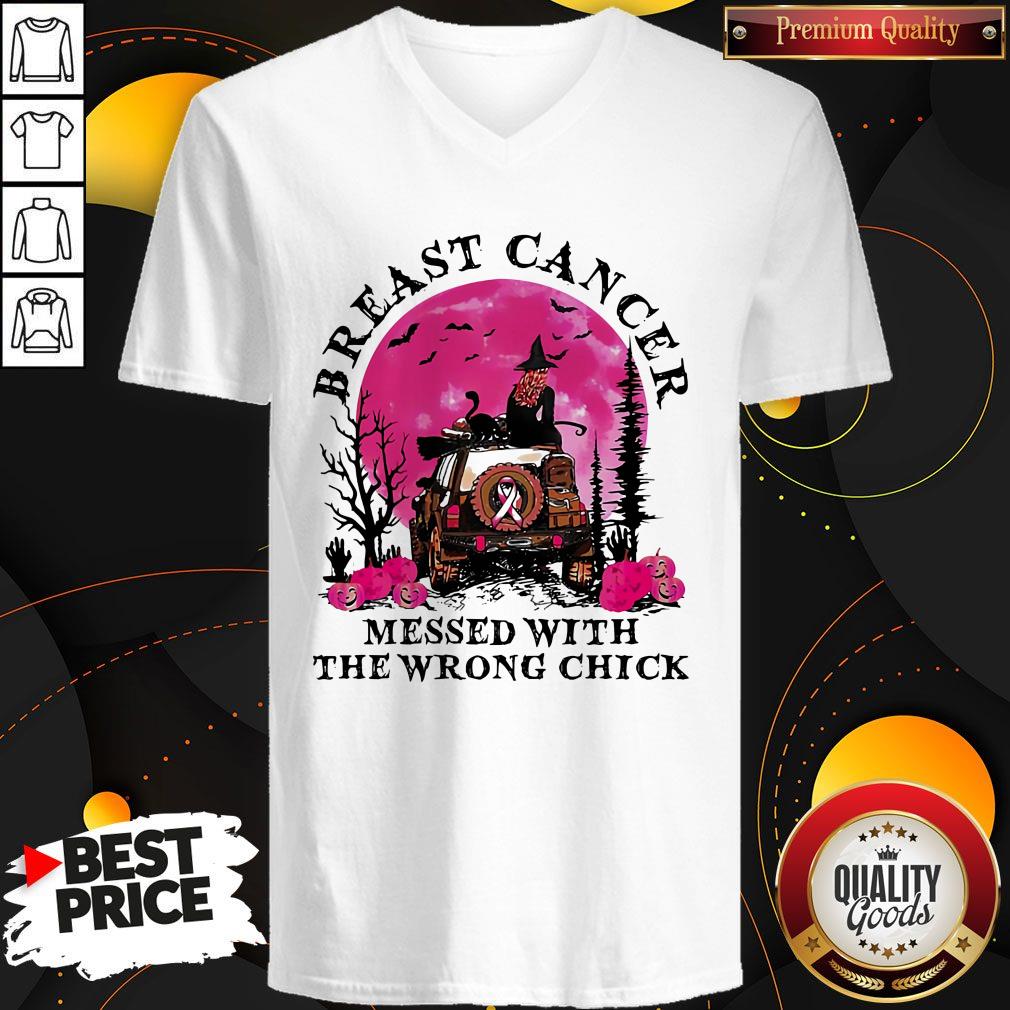 Breast Cancer Messed With The Wrong Chick Camping Witch Pumpkin Sunset Halloween Shirt - Image 3