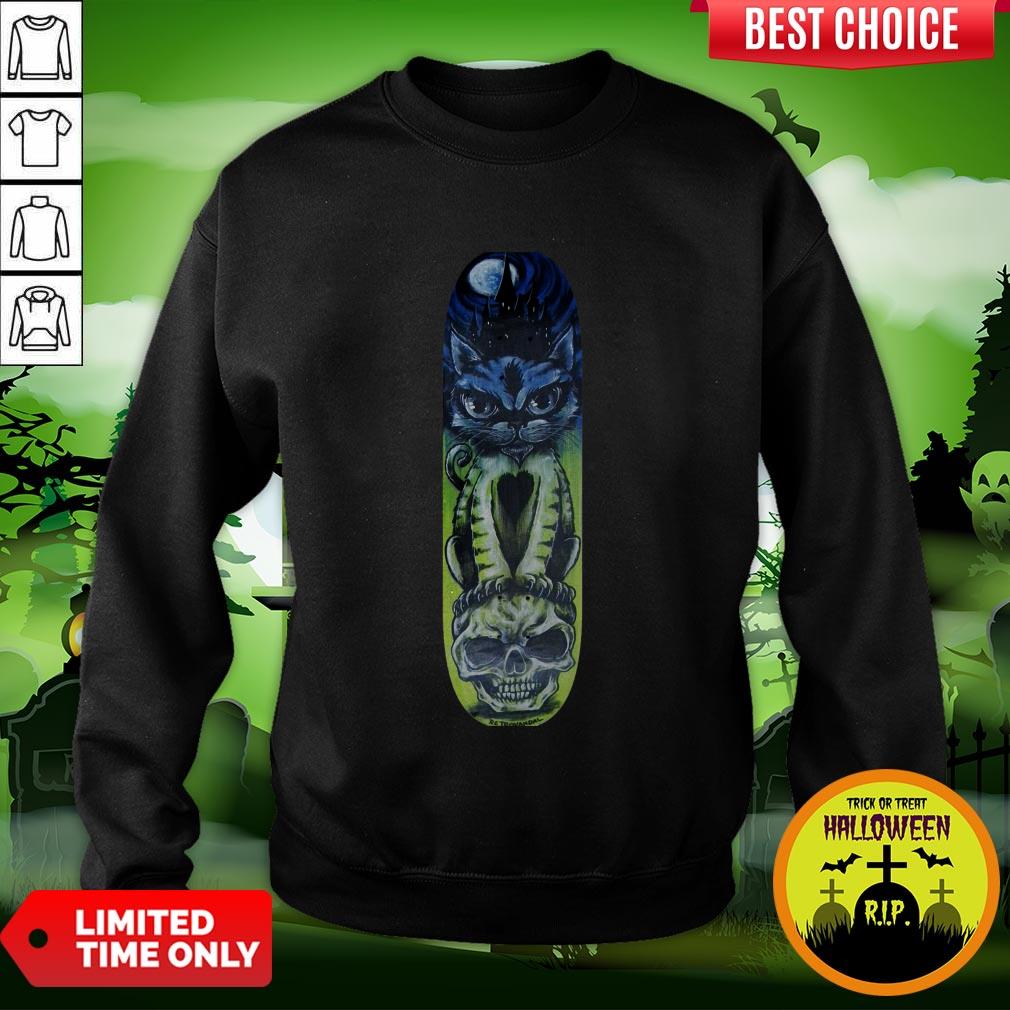 Cat Halloween Sugar Skull Skateboard Day Of Dead Shirt - Image 4