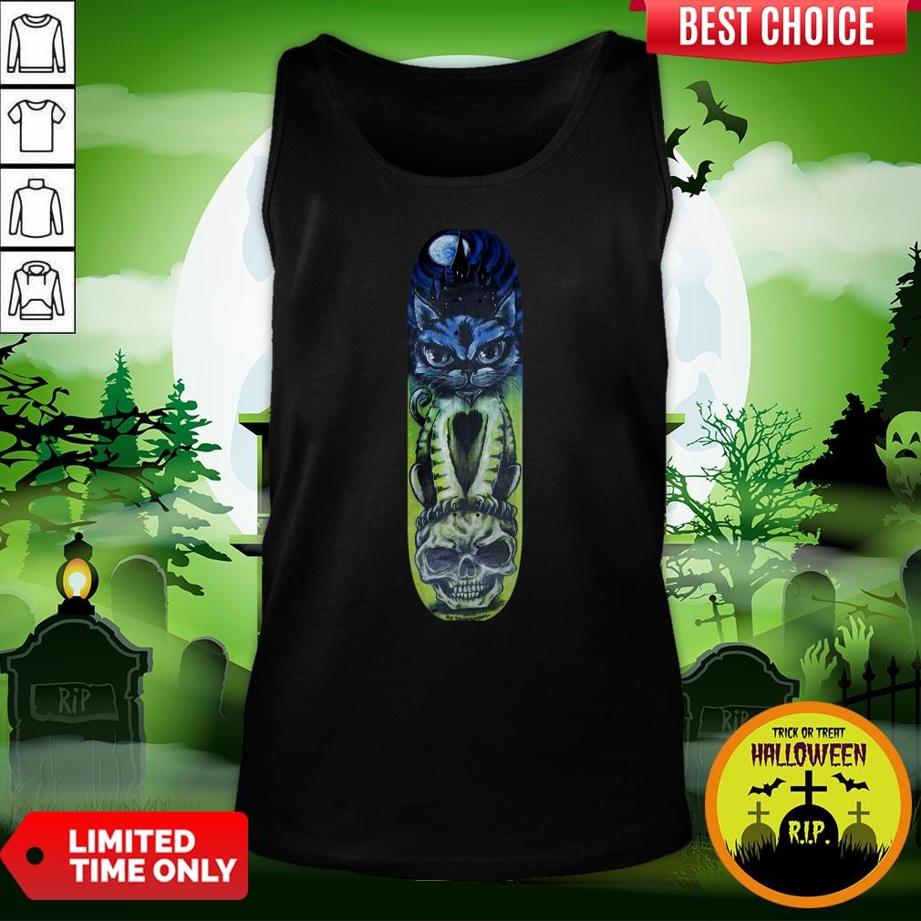 Cat Halloween Sugar Skull Skateboard Day Of Dead Shirt - Image 3