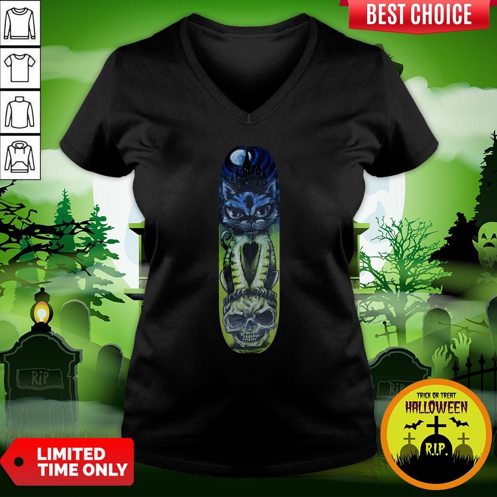 Cat Halloween Sugar Skull Skateboard Day Of Dead Shirt - Image 2