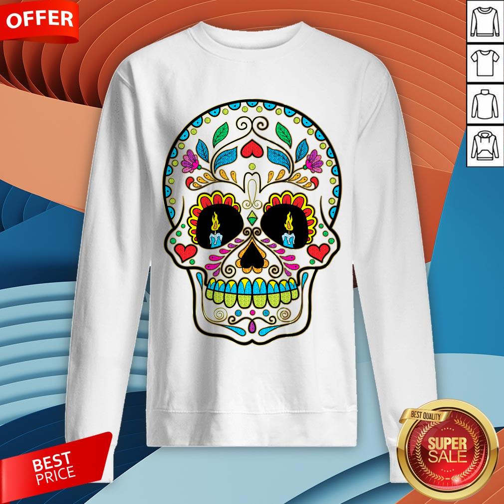 Colorful Retro Floral Sugar Skull Day Of The Dead Dia De Los Muertos Shirt - Image 4